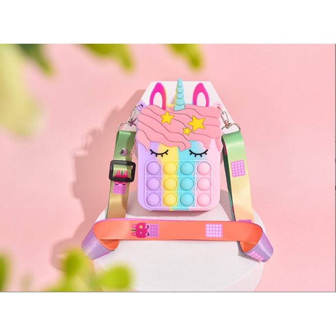 Túi đeo chéo cho bé gái siêu xinh, túi pop it silicon mini kèm dây đeo