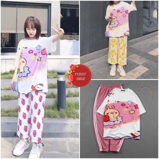 Set áo tay lở 3D thỏ cooky + quần dài cartoon unisex