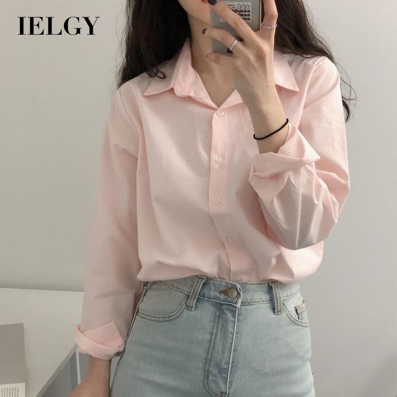 Áo sơ mi polo IELGY tay dài màu trơn phong cách Hàn Quốc thời trang cho nữ