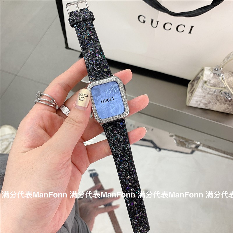 Dây Đeo Bằng Da Đính Kim Cương Giả Chất Lượng Cao 41mm 45mm 38mm 40mm 42mm 44mm Cho iWatch 8 7 6 5 SE 4 3 2