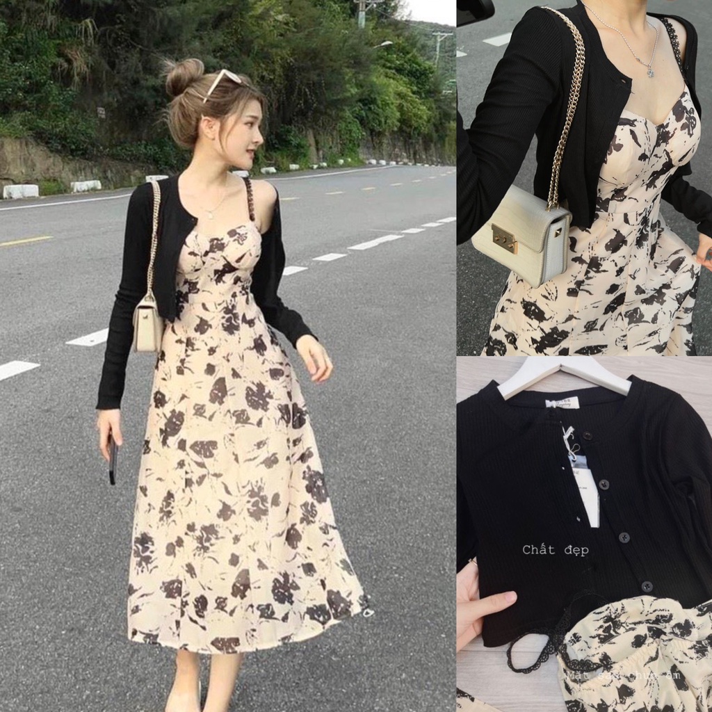 Set đầm dây hoa đen cúp ngực kèm áo cadigan len tăm SIKY VH05
