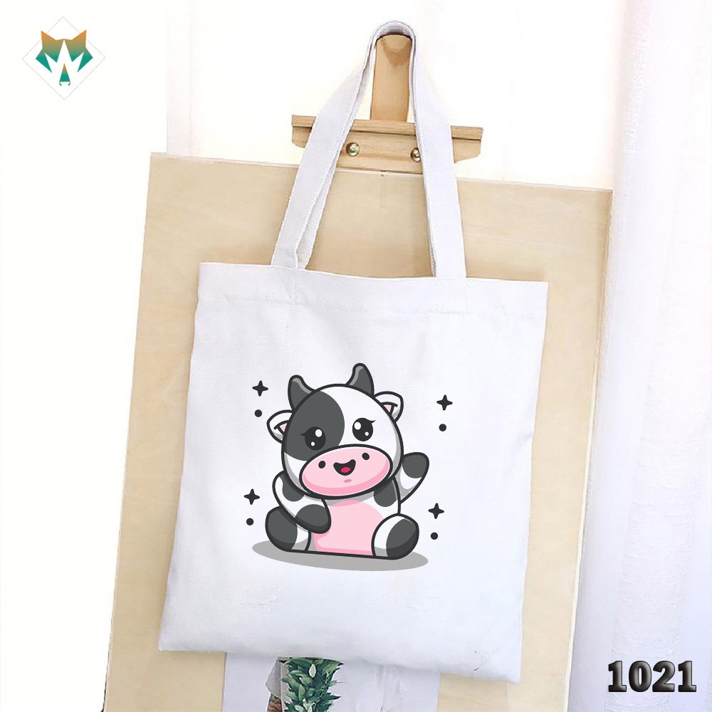 Túi Tote Trắng Chất Vải Canvas 1021 484 Bò Sữa Ngôi Sao Dễ Thương Hàng Chuẩn Đẹp - Hazo
