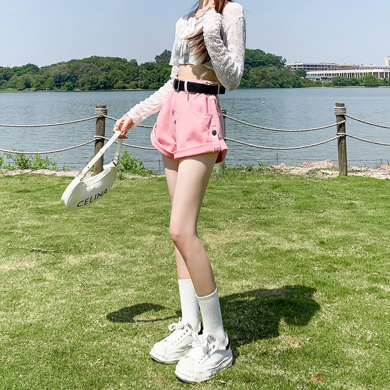 Jiashucheng Quần Short Denim Lưng Cao Ống Rộng Co Giãn Thời Trang Dành Cho Nữ