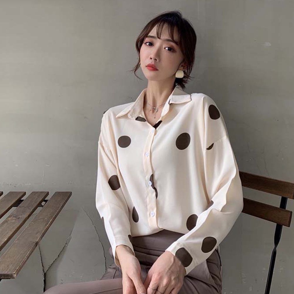 Áo Sơ Mi Nữ Tay Dài Dáng Rộng Họa Tiết Chấm Bi Thời Trang Mùa Thu