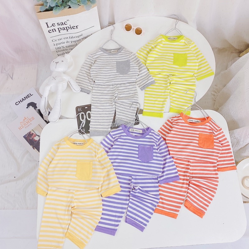 Bộ Tay Lở Quần Lửng Thun Sọc Dệt Minkymom Áo Có Túi Size 80-120 Cho Bé Từ 8kg đến 18kg