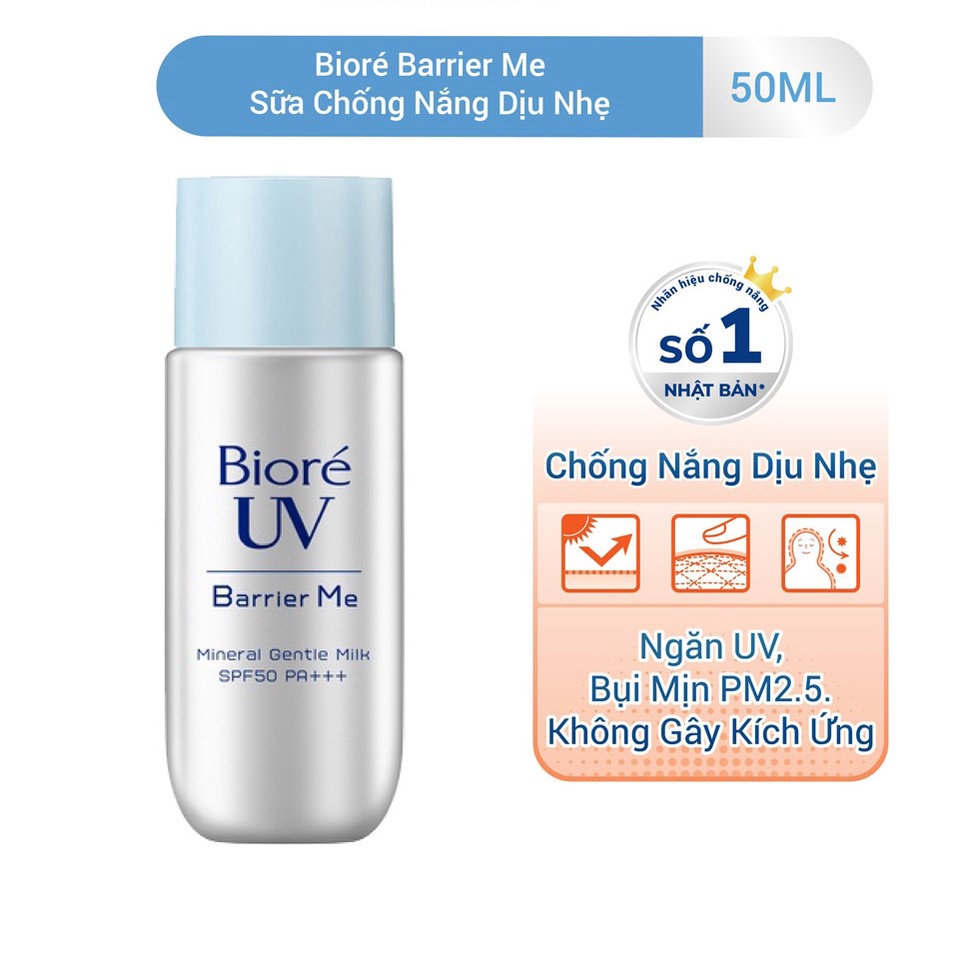 Sữa Chống Nắng Vật Lí Dịu Nhẹ Biore UV Barrier Me Mineral Gentle Milk (50ml)/Cushion Essence (60g) SPF50 PA++