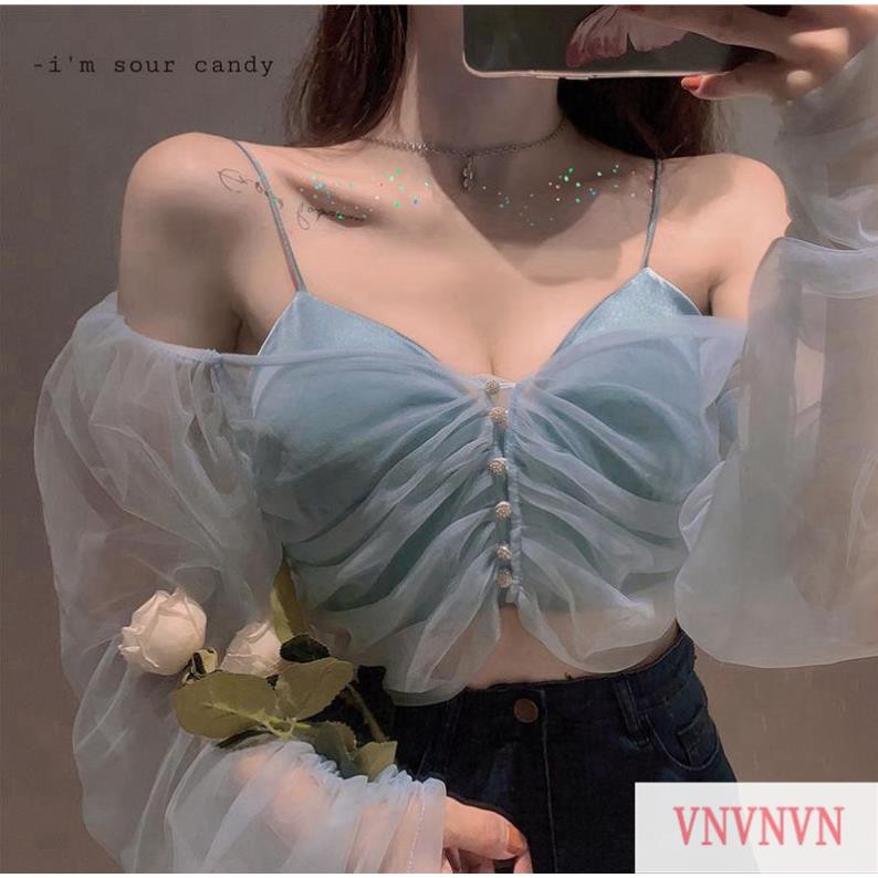 Áo Croptop Tay Dài Phối Lưới Thời Trang Mùa Hè Cho Nữ Đẹp 💝