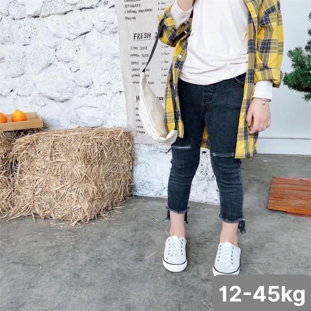 Combo 2 quần jeans dài bé gái, quần bò rách lai bé gái cá tính, chất jeans mềm co dãn form chuẩn đẹp cho bé 15kg - 45kg