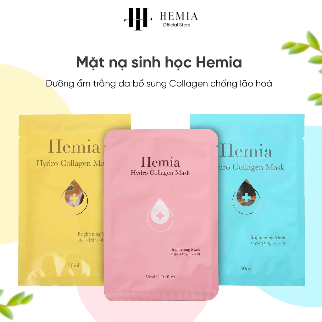 Mặt nạ sinh học Hemia dưỡng ẩm trắng da bổ sung collagen chống lão hoá hộp 1, 3, 5 miếng x 30ml