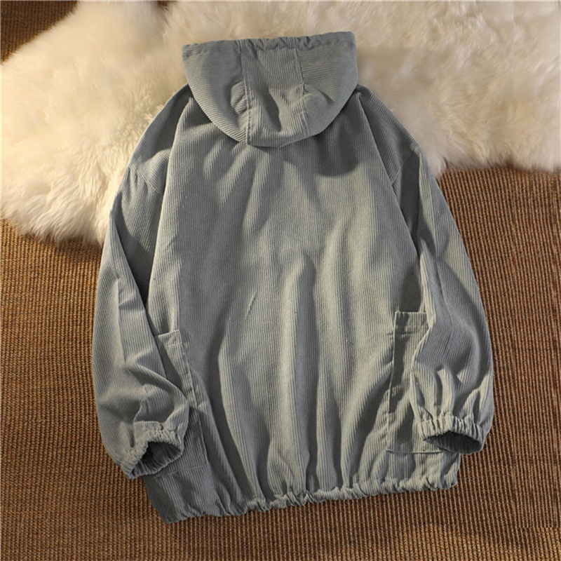 Áo sweater IELGY bằng nhung kẻ có mũ dáng rộng thiết kế đơn giản dễ phối đồ thời trang cho nữ