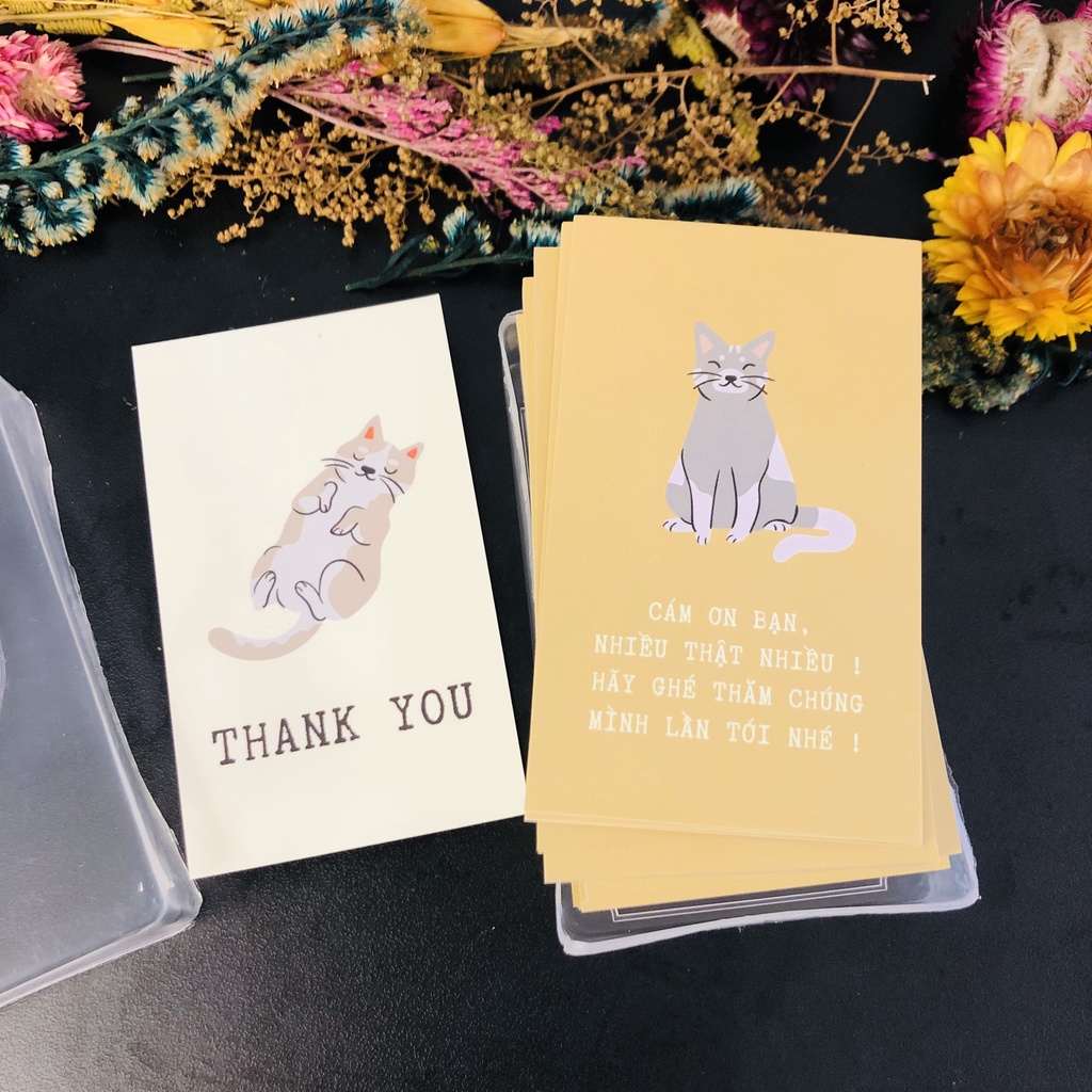 Hộp nhựa 100 thiệp cảm ơn, card cảm ơn, thank you card mẫu 43, 44 hình dễ thương dùng để tặng khách hàng