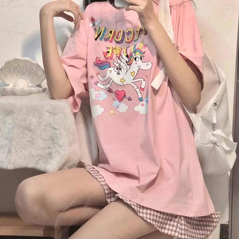 Áo Thun Nữ Ngắn Tay Cổ Tròn In Hình Ngựa Cầu Vồng Đáng Yêu Trẻ Trung