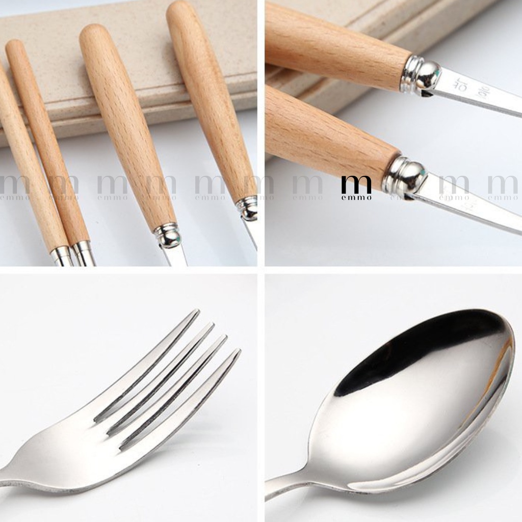 BỘ 3 MÓN MUỖNG, ĐŨA, NĨA INOX CÁN GỖ EMMO SAPOON
