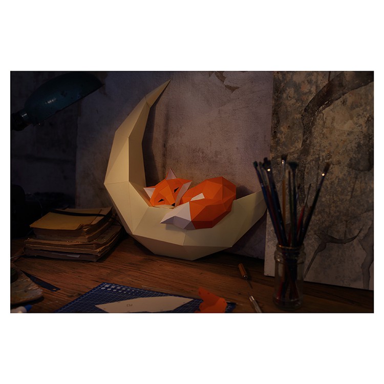 🦊Mô hình 3d DIY hình cáo nằm cung trăng trang trí