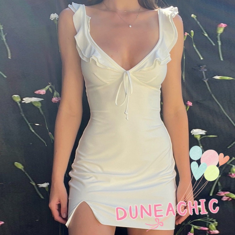 DUNEA Đầm nữ cổ chữ V hở lưng xẻ tà quyến rũ