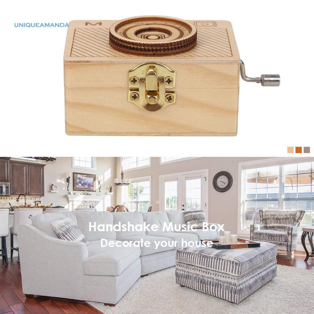 Retro Camera Shape Wooden Hand Cranked Music Box Home Crafts Children Gifts