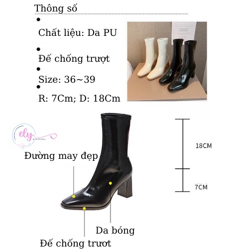 Bốt Nữ Cao Cổ Gót 7 Phân Mũi Nhọn Da Bóng Trắng Đen Không Khoá Elyfashion1