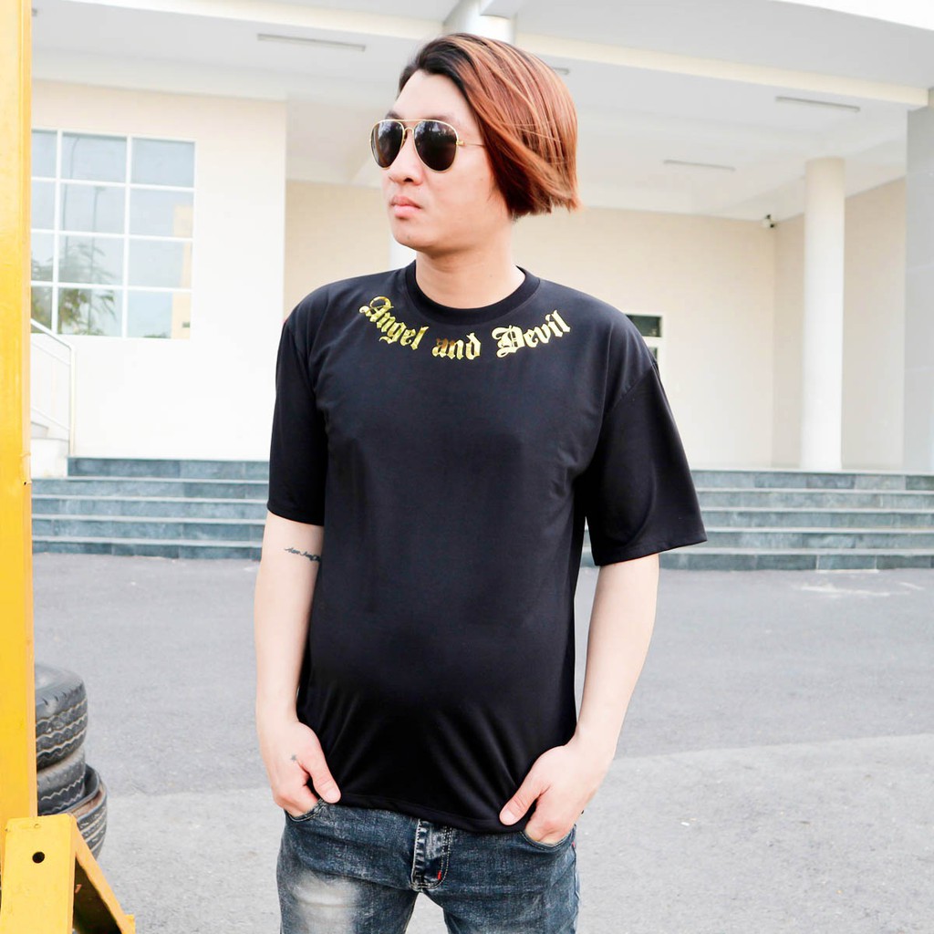 Áo thun tay lỡ nam nữ nhũ vàng Angel Devil