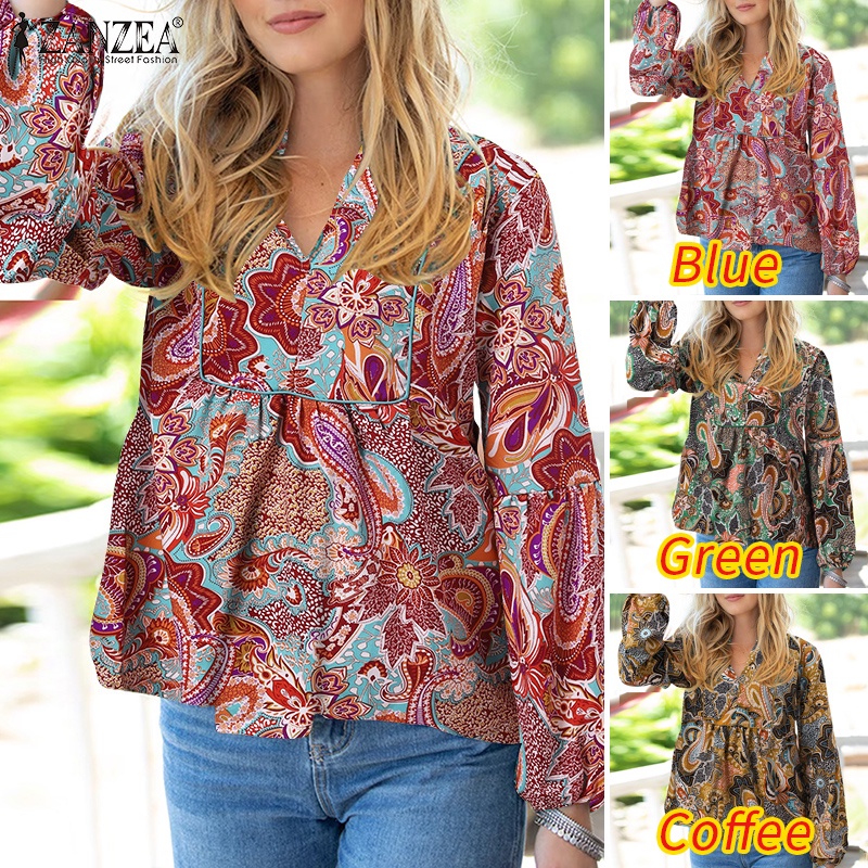 Zanzea Áo Kiểu Babydoll Tay Phồng Họa Tiết Paisley Phong Cách Châu Âu Cho Nữ