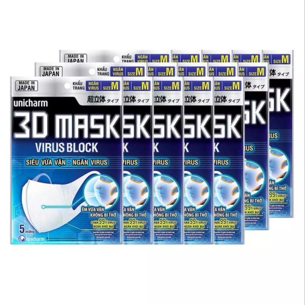 Khẩu trang ngăn khói bụi Unicharm 3D Mask Super Fit (Ngăn được bụi mịn PM10) hộp 100 miếng