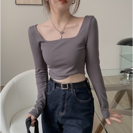 Áo cổ vuông croptop nữ dài tay Madela ôm dáng co giãn tốt-ACTDT01