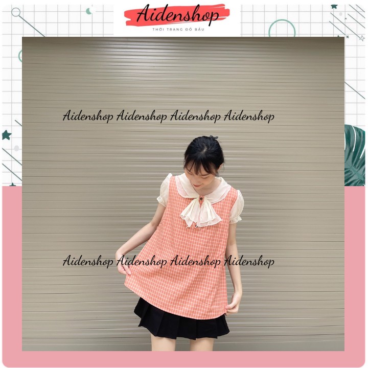 Áo bầu công sở thiết kế cổ nơ tay cộc kẻ sọc chất lụa mát đẹp mùa hè freesize