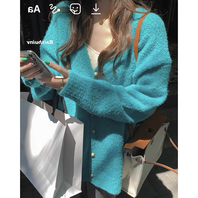 Áo khoác cardigan dệt kim cổ chữ V tay dài dáng rộng thời trang thu đông