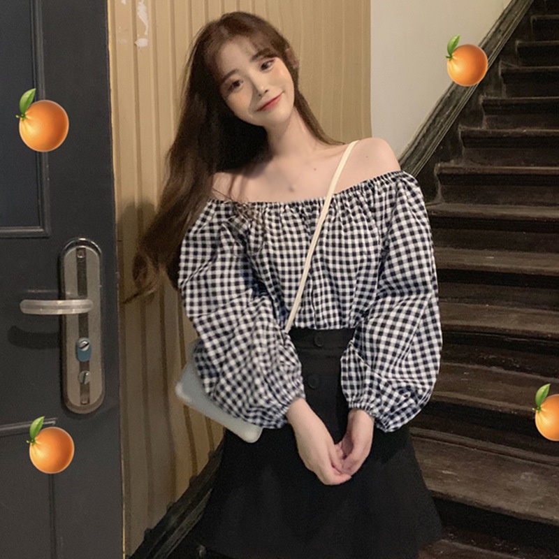 Áo Sơ Mi Chiffon Tay Dài Hở Vai Dáng Rộng Họa Tiết Sọc Caro Phong Cách Hàn Quốc Ngọt Ngào Cho Nữ