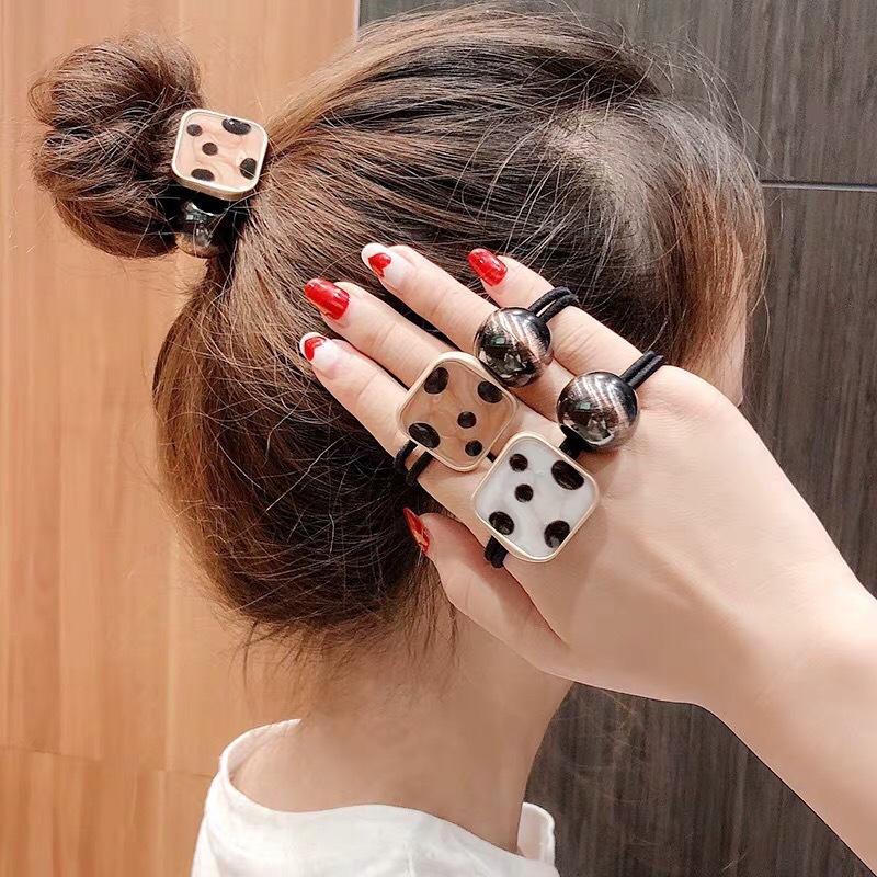 Dây Buộc Tóc Cao Su Co Giãn Họa Tiết Chấm Bi Trắng Đen Phong Cách Hàn Quốc Cho Nữ