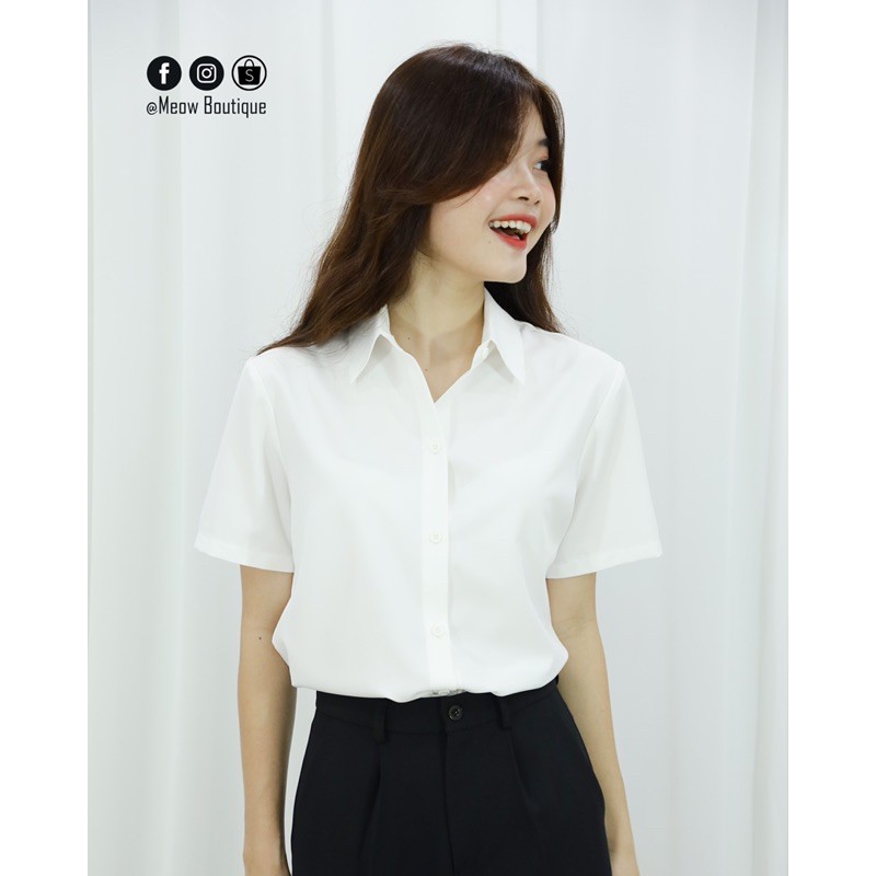 [Hình thật tự chụp] Sơ mi trắng trơn tay ngắn đi học đi làm công sở tay ngắn Meow Boutique