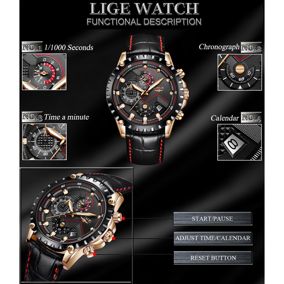 LIGE 9821 Men's Watch Military Sports Leather Analog Quartz Waterproof