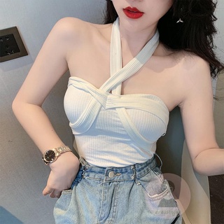 DRE-Women´s Summer Sleeveless Tank Tops, Cross Halter Neck Knitted Solid Color Tank Tops
