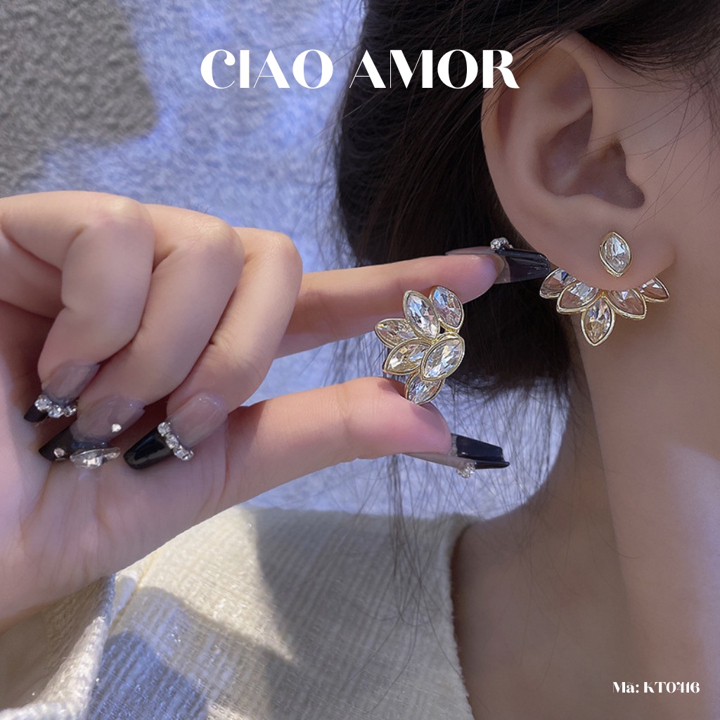 Khuyên tai nữ, Bông tai bạc 925 hoa sau cánh to đá sang trọng lấp lánh dự tiệc Trang sức Ciao Amor - KT0416