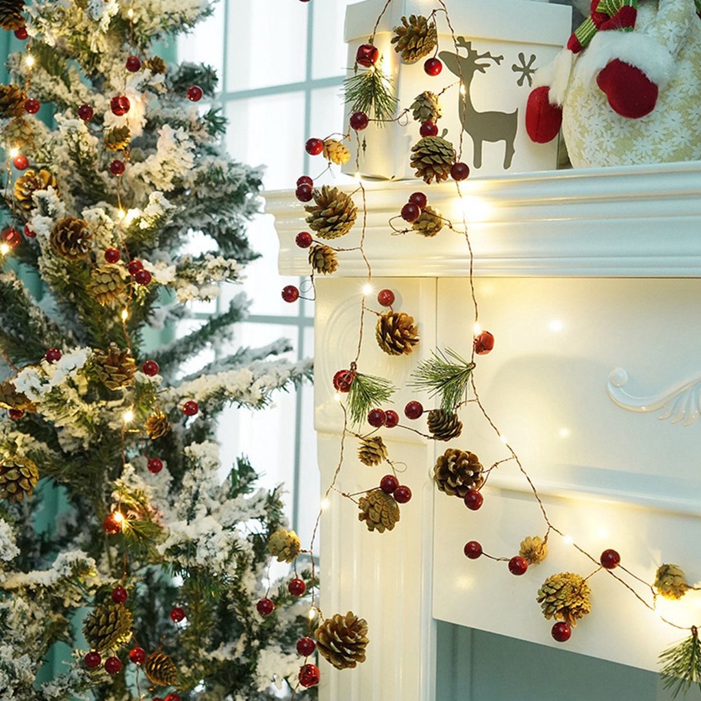 Dây đèn LED 2m 20 bóng hình quả thông đỏ dùng trang trí Giáng Sinh và năm mới