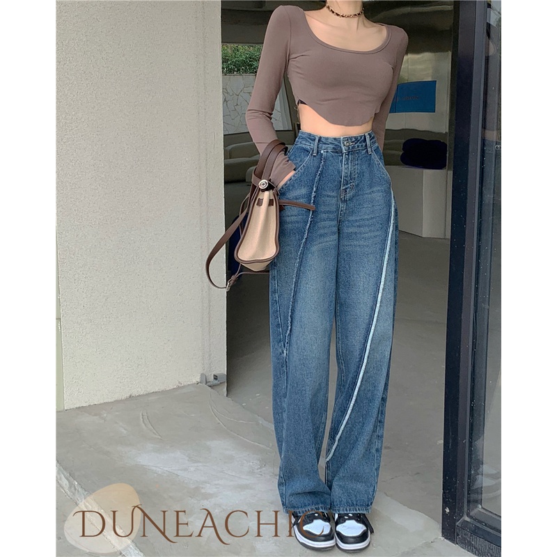 DUNEA Quần Jean Dài Lưng Cao Ống Rộng Thiết Kế Quyến Rũ Cho Nữ