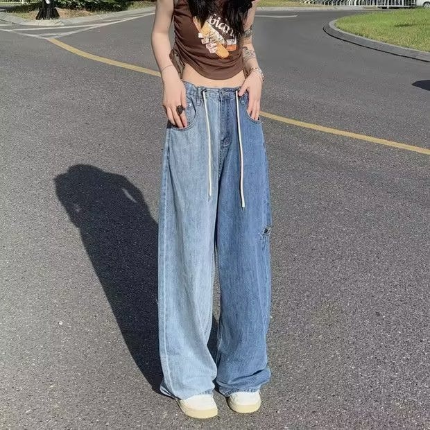 Daduhey Quần Jean Ống Rộng Lưng Cao Phối Dây Rút Màu Sắc Phong Cách Hàn Quốc Thời Trang Cho Nữ
