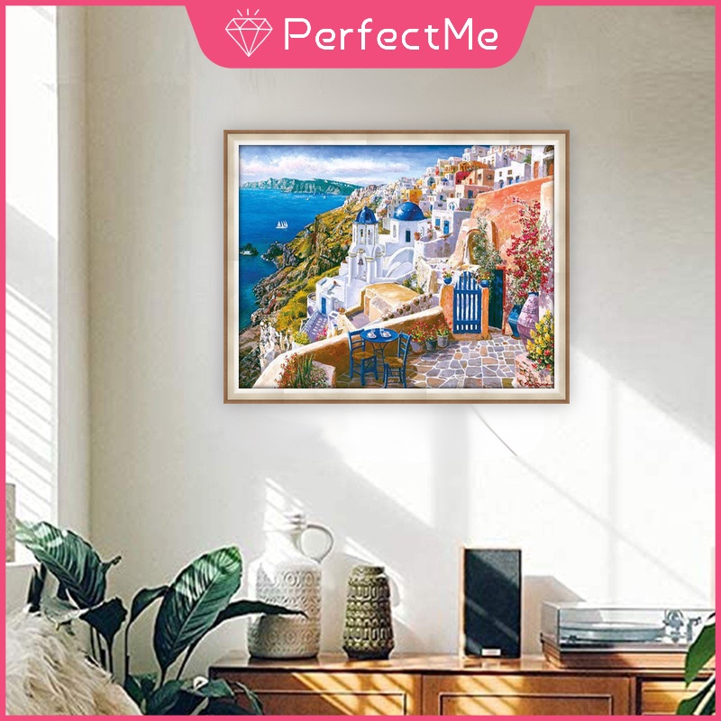 Bộ Tranh Đính Đá 5D Họa Tiết Phong Cảnh Santorini Độc Đáo DIY 50x40cm