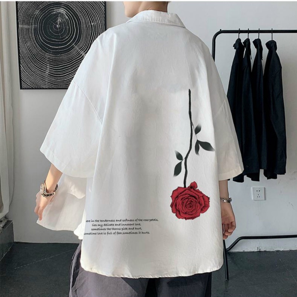 Áo sơ mi lụa tay lỡ nam nữ logo HOA HỒNG form rộng unisex Ulzzang