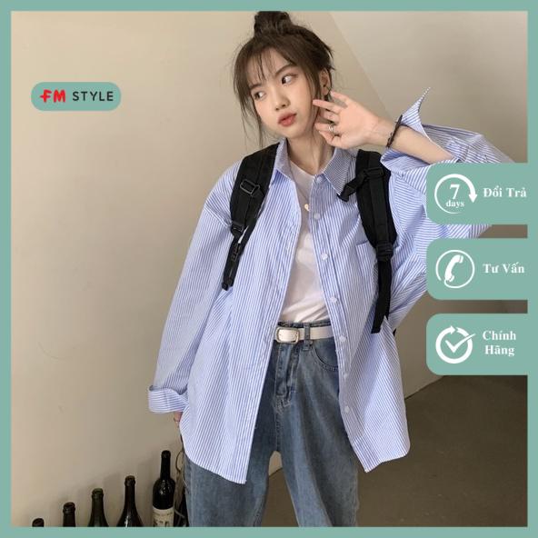 Ao sơ mi nữ Fmstyle Shop cổ bẻ 1 túi kẻ soc tay dài đơn giản basic 204140024