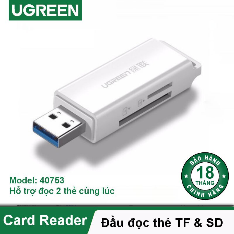 Đầu đọc thẻ nhớ USB 3.0 sang SD + TF cao cấp Ugreen 40752...40753- Hàng chính hãng bảo hành 18 tháng