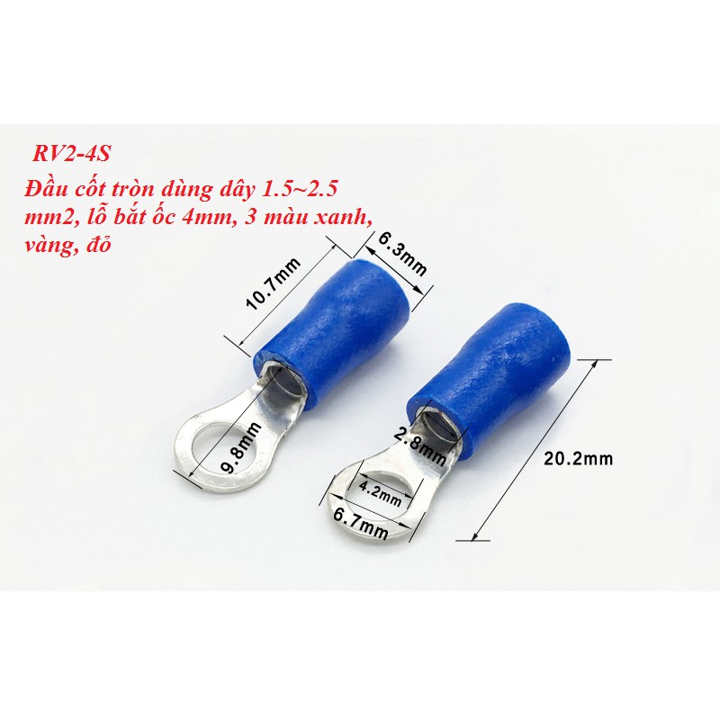 100 chiếc Đầu cos/ cốt tròn bọc nhựa RV1.25-4S/5S/6/8 và RV2-4S/5S/6 R3.5-5 R5.5-4