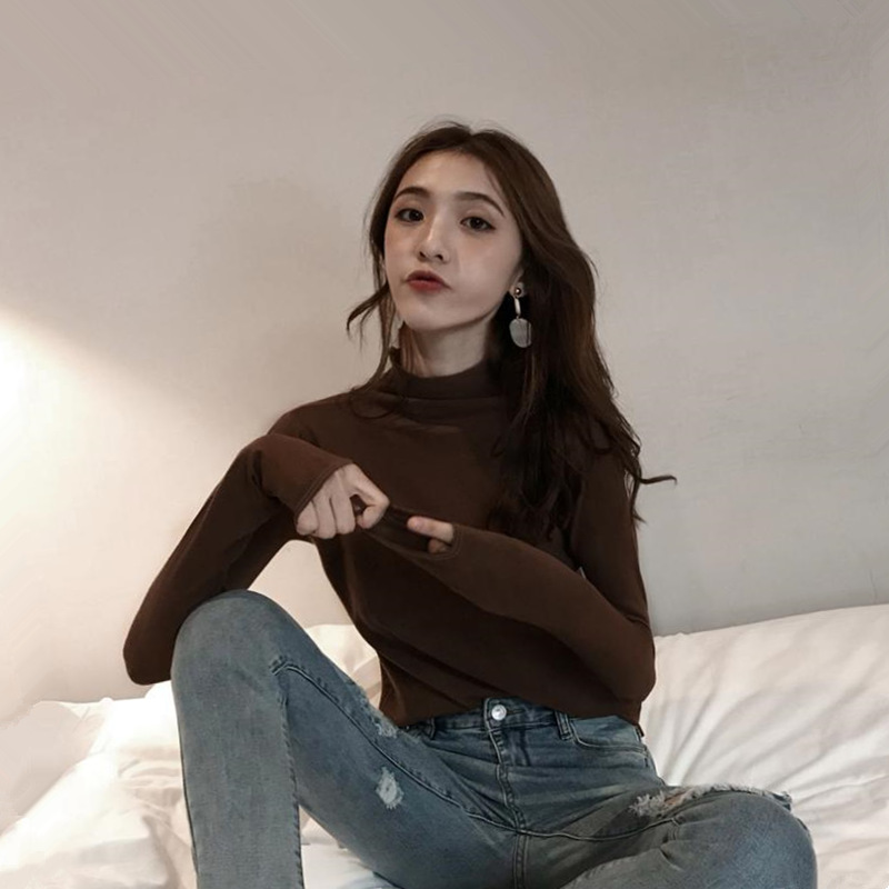 2020 autumn half high neck slim fit autumn and winter bottoming shirt all-match long-sleeved T-shirt women clothes top | BigBuy360 - bigbuy360.vn