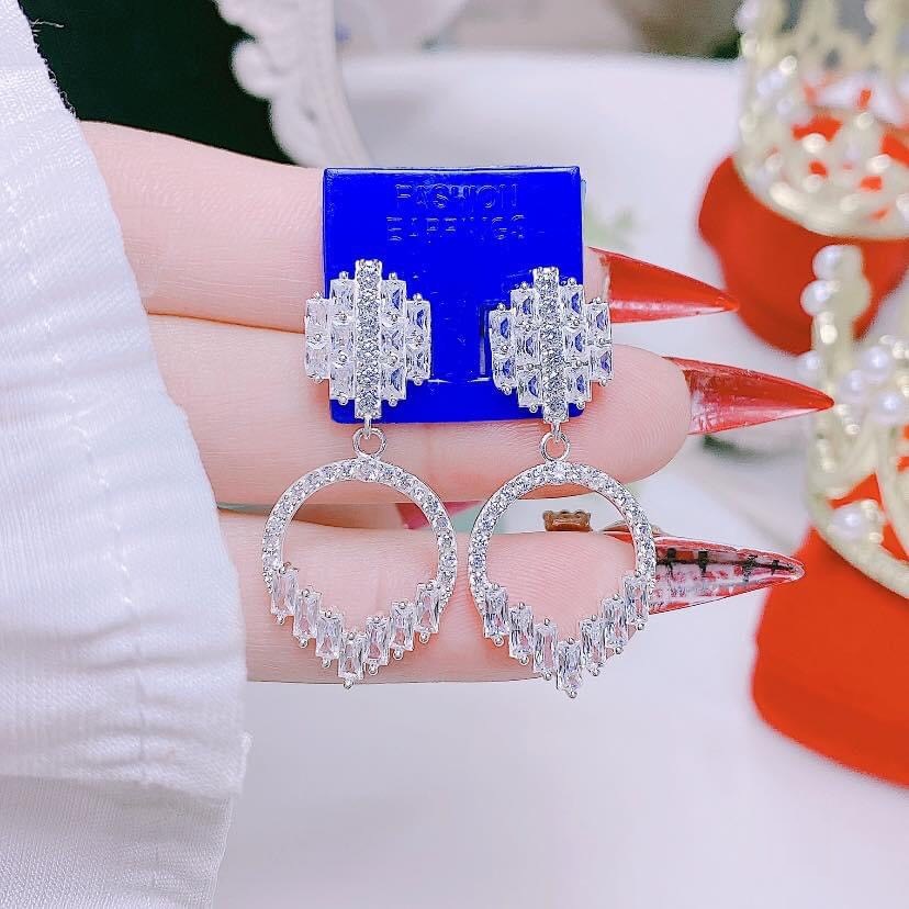 Bông tai bạc nữ kiểu thả hình tròn đính đá nhân tạo - Trang sức bạc Evasilver