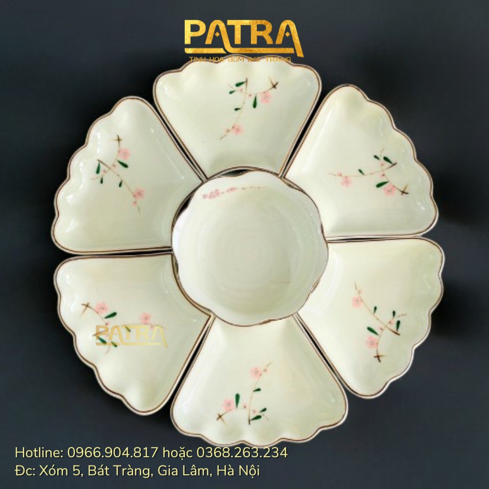 bộ bát đĩa hoa mặt trời, bát đĩa sứ men kem Bát Tràng họa tiết hoa đào thờ cúng gia tiên