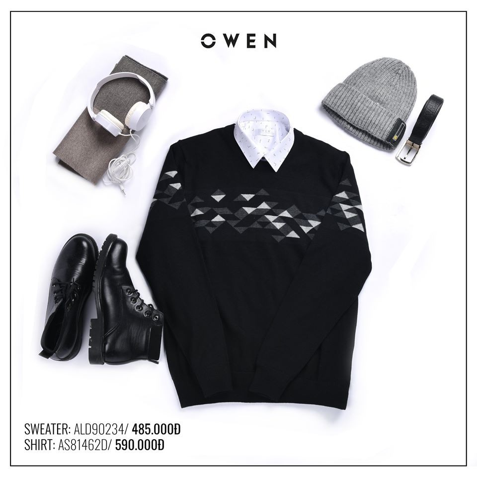 OWEN - Áo len nam Owen cổ tròn màu ĐEN ALD 90234 . .