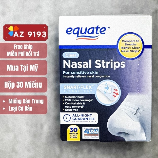 [Mua Tại Mỹ] Miếng Dán Mũi Equate Nasal Strips - Giảm Ngáy Khi Ngủ, Giúp Hô Hấp Tốt, Ngủ Ngon, Giảm Nghẹt Mũi - Az 9193