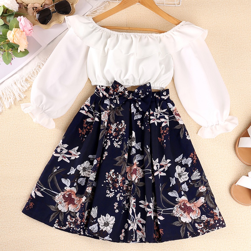 Set đồ SIYYIS gồm áo croptop và chân váy voan in họa tiết hoa thanh lịch thời trang cho bé gái 8-11 tuổi