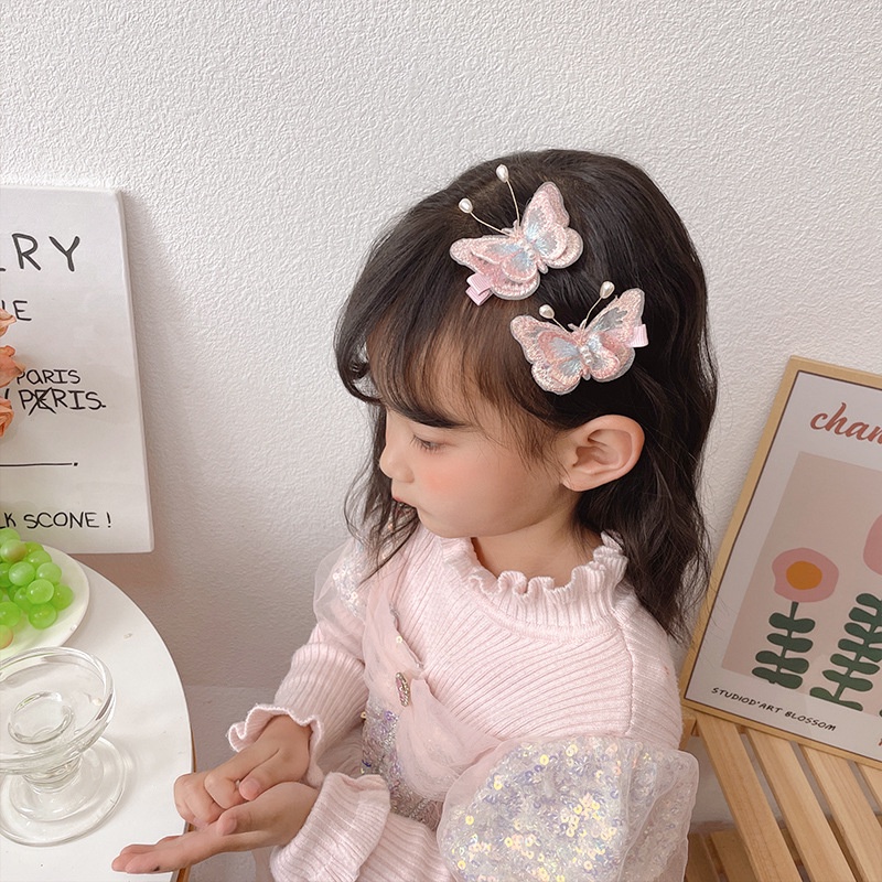 Set 2 Kẹp Tóc Hình Bướm Đính Ngọc Trai Xinh Xắn Cho Bé Gái | Kẹp Chuyển Động Ngọt Ngào Của Cô Gái | Kẹp Tóc Nơ Không Đau Cho Bé Gái
