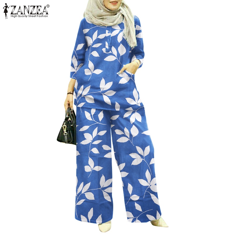 Set đồ 2 món Zanzea gồm áo tay 3/4 + quần dài họa tiết hoa phong cách bohemian thời trang cho nữ