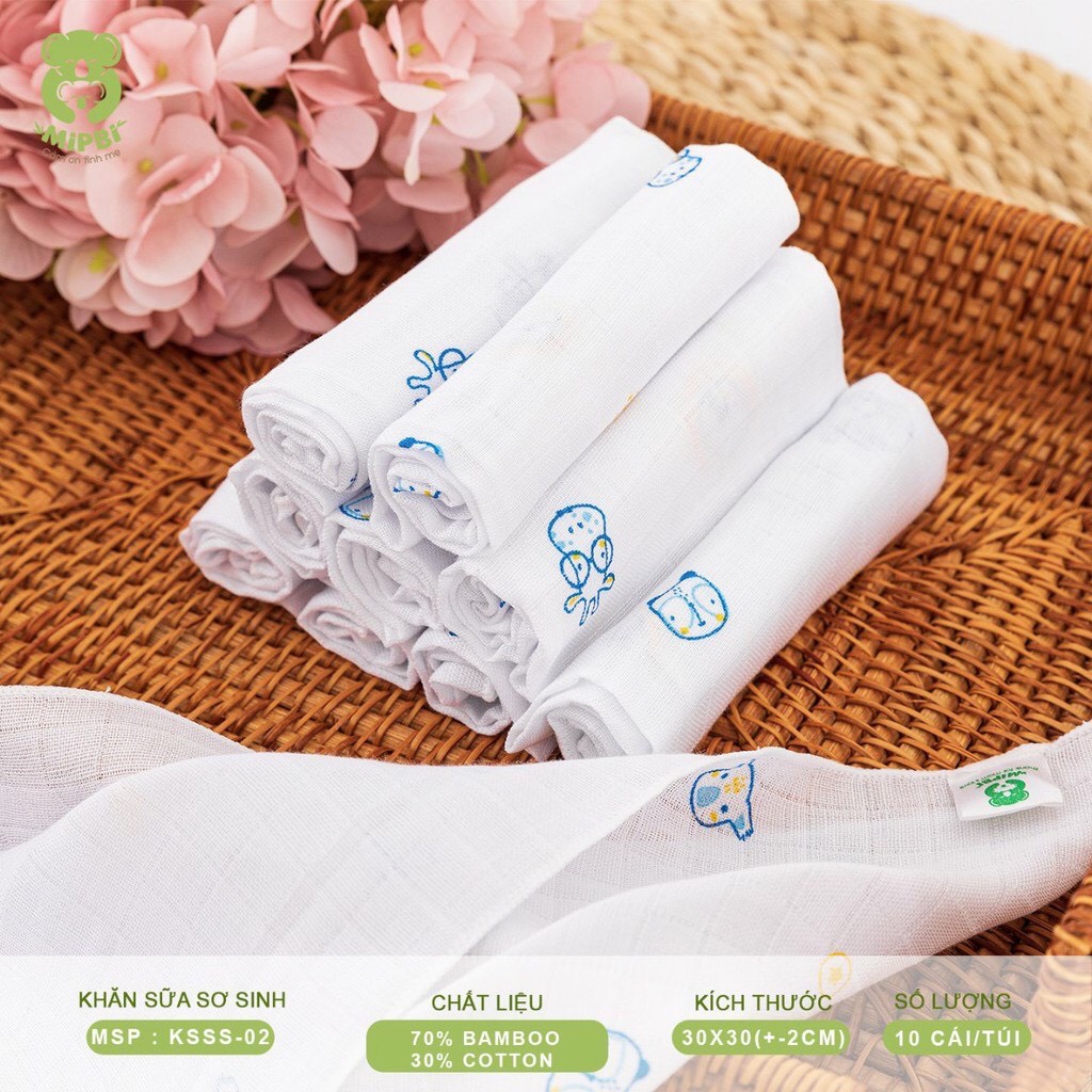 Khăn sữa sơ sinh Mipbi 2 lớp cotton mềm mại, kháng khuẩn KSSS02 (Túi 10 chiếc)